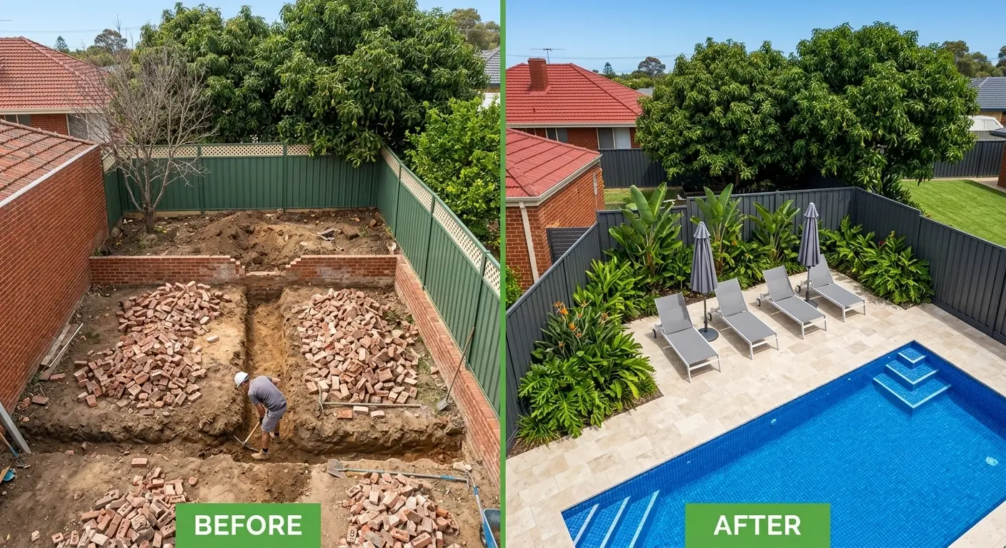 Backyard timber fence repainted in modern charcoal as part of a Sydney outdoor renovation, before and after