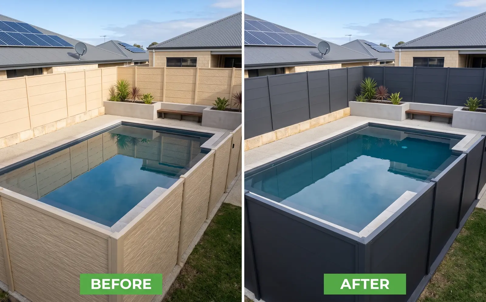 Colorbond steel boundary fence repainted from cream to dark charcoal around a Sydney backyard pool, before and after