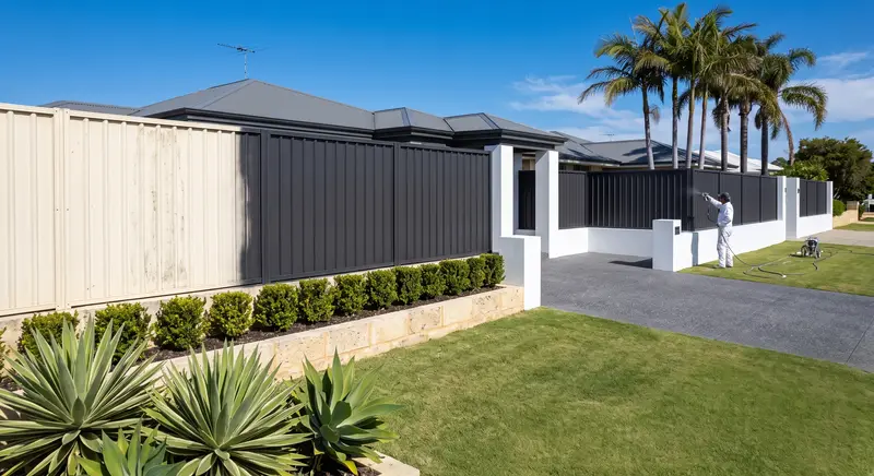 Half-painted Colorbond steel front fence showing new dark grey finish next to the original cream colour at a Sydney home