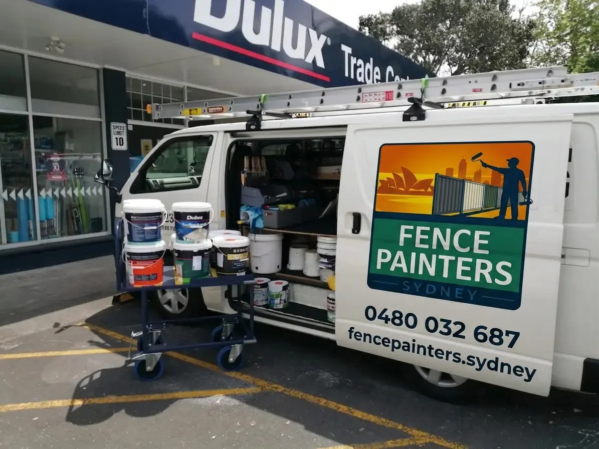 Fence Painters Sydney work van loaded with Dulux trade paints outside a Dulux Trade Centre
