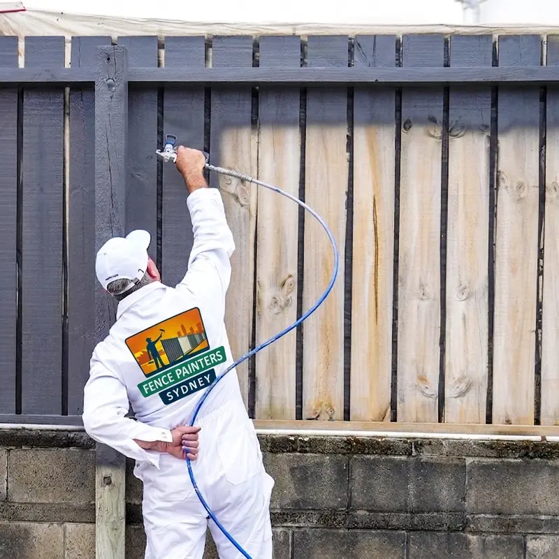 Fence Painters Sydney painter spray painting a weathered timber paling fence dark grey, showing the half-finished transformation